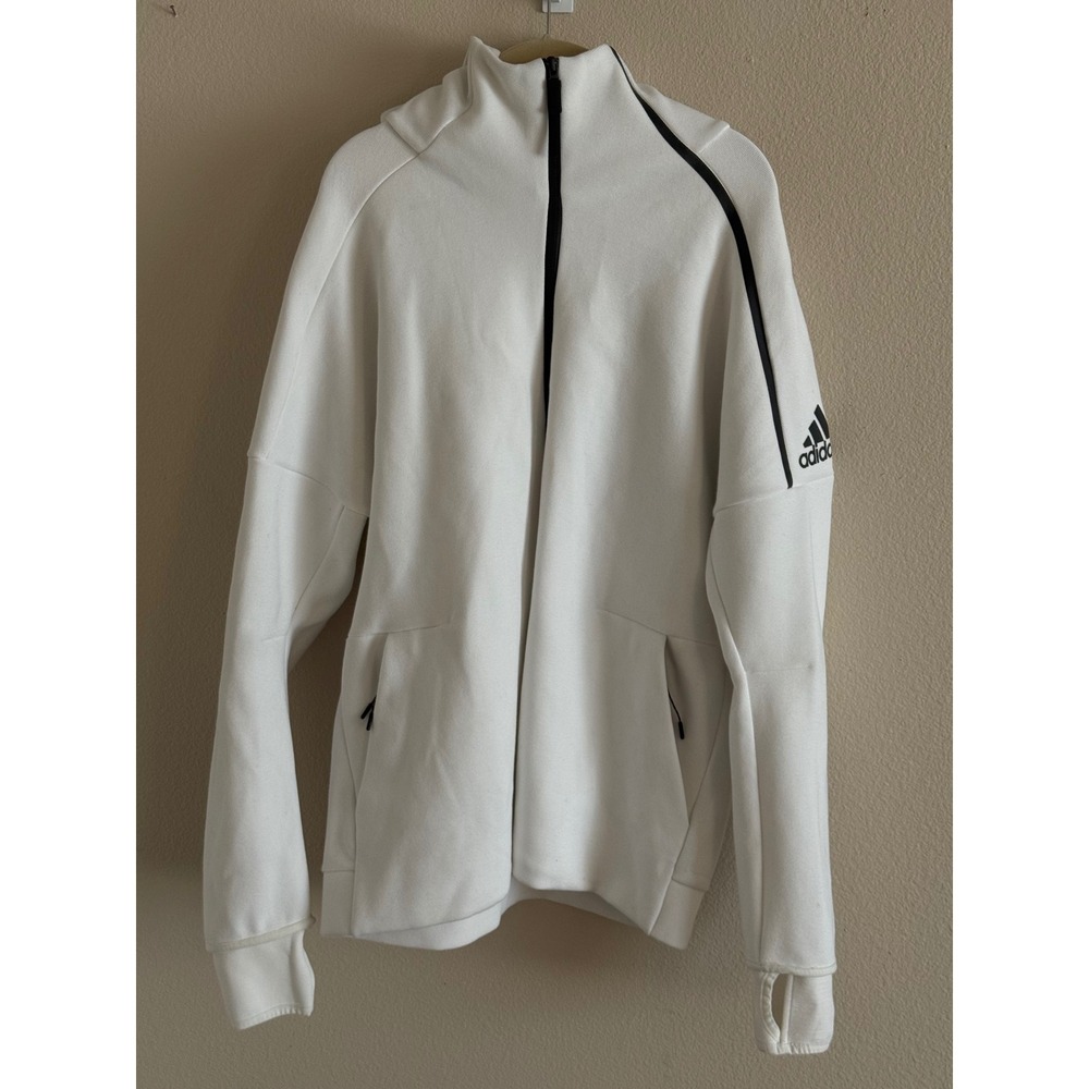 Adidas Z.N.E. Full Zip Hoodie Mens XL White Black Funnel Neck Thumbholes B46968